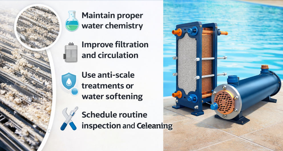Scaling prevention in swimming pool heat exchangers: water chemistry, filtration, and cleaning